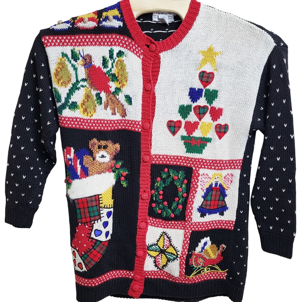 Talbots Womens Medium Hand Knit Christmas Sweater Cardigan Teddy Bear Tree Angel